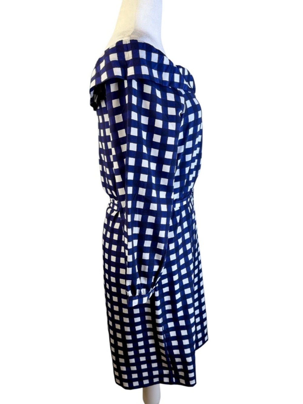 Banana Republic Navy and White Off-Shoulder Gingham Belted Dress Size M Tall - Picture 7 of 11